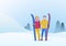 Couple Man and Girl Standing with Ski on Snowdrifts Hills Winter Snow Background with Christmas tree. Vector illustration