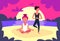 Couple man woman doing yoga exercises sunset beach background male female sport activity cartoon character full length