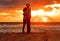 Couple Man and Woman Hugging in Love staying on Beach seaside with Sunset scenery