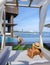 couple man and woman on a luxury vacation enjoying the infinity pool on the rooftop, Pattaya Thailand.