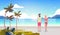 Couple man woman sunrise tropical palm beach summer vacation smiling walking seaside sea ocean flat horizontal