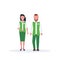 Couple man woman supermarket employees standing together salesman and saleswoman in green uniform happy male female