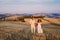 couple man and woman on vacation in Italy Toscane watching the golden hills of Toscane in Italy Europe,Tuscany landscape