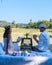 couple man and woman on vacation in Nan Thailand drinking coffee and high tea with a look over the countryside of Nan