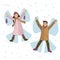 Couple the man and the woman in winter clothes roll play the fool in snow. Do snow angels. A vector illustration on a