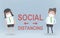 Couple with a mask separated by big caution text Social Distancing. 3d illustration.
