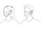 a couple with masks as a covid-19 protocol. illustration and clipart. One line art. Continuous line drawing on a white background