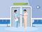 couple medicine workers in elevator door