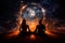 A couple meditates in the center of the universe, surrounded by cosmic energy and infinite space, symbolizing inner