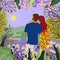 Couple meets new day. Sunrise, hills, flowers, trees, natural landscape in a trendy flat cute style. Vector illustration