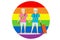 Couple men stand hand in hand with travel. On a colorful background, LGBT symbolizes equality.