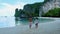 couple men and woman on the beach of Koh Hong Island Krabi Thailand, Asian woman and European men on a tropical beach in