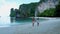 couple men and woman on the beach of Koh Hong Island Krabi Thailand, Asian woman and European men on a tropical beach in