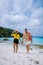 couple men and woman mid age on the beach of Curacao, Grote Knip beach Curacao Dutch Antilles Caribbean