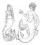 Couple of mermaid and merman. Design for print, poster, banner. Isolated objects on white background.