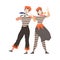 Couple of mimes performing pantomime. Silent male and female actors character taking part at show cartoon vector
