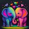 Couple of multicolored elephants with hearts. AI generative