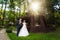 Couple near wooden arbor in park