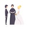 Couple of newlyweds and priest officiating wedding ceremony vector Illustration on a white background