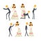 Couple of newlyweds set, henpecked man, husband dominated by wife cartoon vector Illustrations on a white background