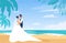 A couple of newlyweds on a tropical beach. Wedding ceremony on the coast. Bride and groom in wedding attire on their