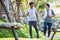 A couple of older Asian men and women wear exercise clothes before their morning exercises.Men and women jogging in the morning in