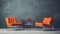 A couple of orange chairs and a table with flowers, AI