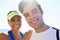 Couple, outdoor and portrait in beach, exercise and fitness with smile, training and sunrise for run. Man, woman and
