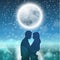 Couple over background with moon and snowflakes