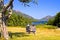 Couple overlooking scenic lake