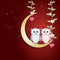 Couple Owl and moon and roses ivy on red background, paper art,