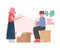 Couple Packing Belongings in Cardboard Boxes, Young Man and Woman Relocating to New Home Vector Illustration