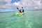 Couple paddling in the canoe in tropics