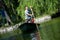 Couple paddling in rowboat