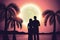 Couple an paradise palm beach at full moon