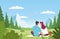 Couple in park. Happy man and woman in love on picnic, people back view romantic weekend in nature, beautiful summer