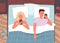 Couple people in bed with phones, young husband and wife lying, chatting with friends