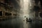 A couple of people enjoy a peaceful ride in a small boat on a serene river., Rowers emerging from concrete in a lost city, AI
