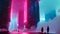 A couple of people are seen walking down a busy urban street lined with towering buildings, Abstract shapes morphing into a
