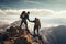 A couple of people standing on top of a majestic mountain, taking in the breathtaking view, Hiker helping friend reach the