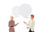 Couple people talking vector background. Young couple man and woman laughing and communicate. Speech bubble over