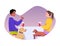 Couple with pets talking at table in cafe, happy owners chihuahua and labrador dogs, vector illustration of pet city