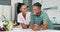 Couple, phone and laughing for communication, breakfast and internet for funny meme and talking. Black people, happy and