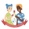 Couple with phones. Vector illustration of multicultural pair in flat cartoon style on background. African boy and asian