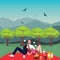 Couple picnic man woman in park outdoor dating bring food basket