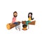 Couple at picnic sitting on logs near campfire. Young bearded man and brunette woman characters cooking food on bonfire