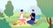 Couple on picnic. Spring picnics, garden or city park family date. Springtime outdoor activity, cartoon people eat on