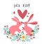 Couple pink rabbit bunny kissing in flower wreath