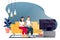 Couple play in video game. Man and woman with gamepads sit on sofa in loft room in front of TV. Vector illustration