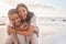 Couple, portrait and hug at the beach with happiness on vacation for love with sunshine. Man, woman and hugs at the